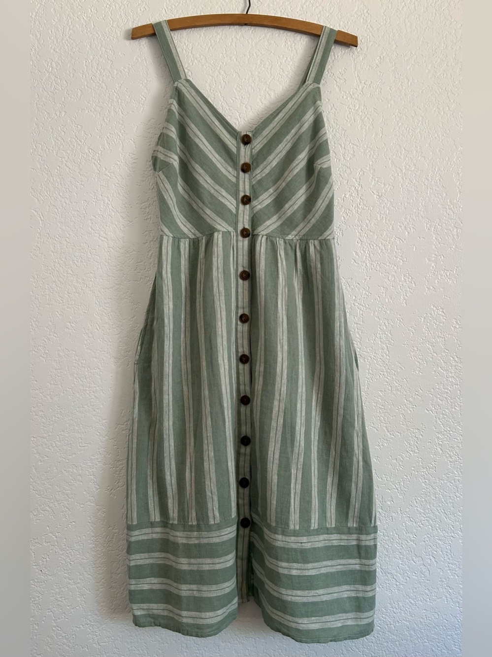 Striped Sage Green Button-Front Dress